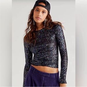 Intimately Free People Gold Rush Sequin Black Long Sleeve Tee Multi Colored